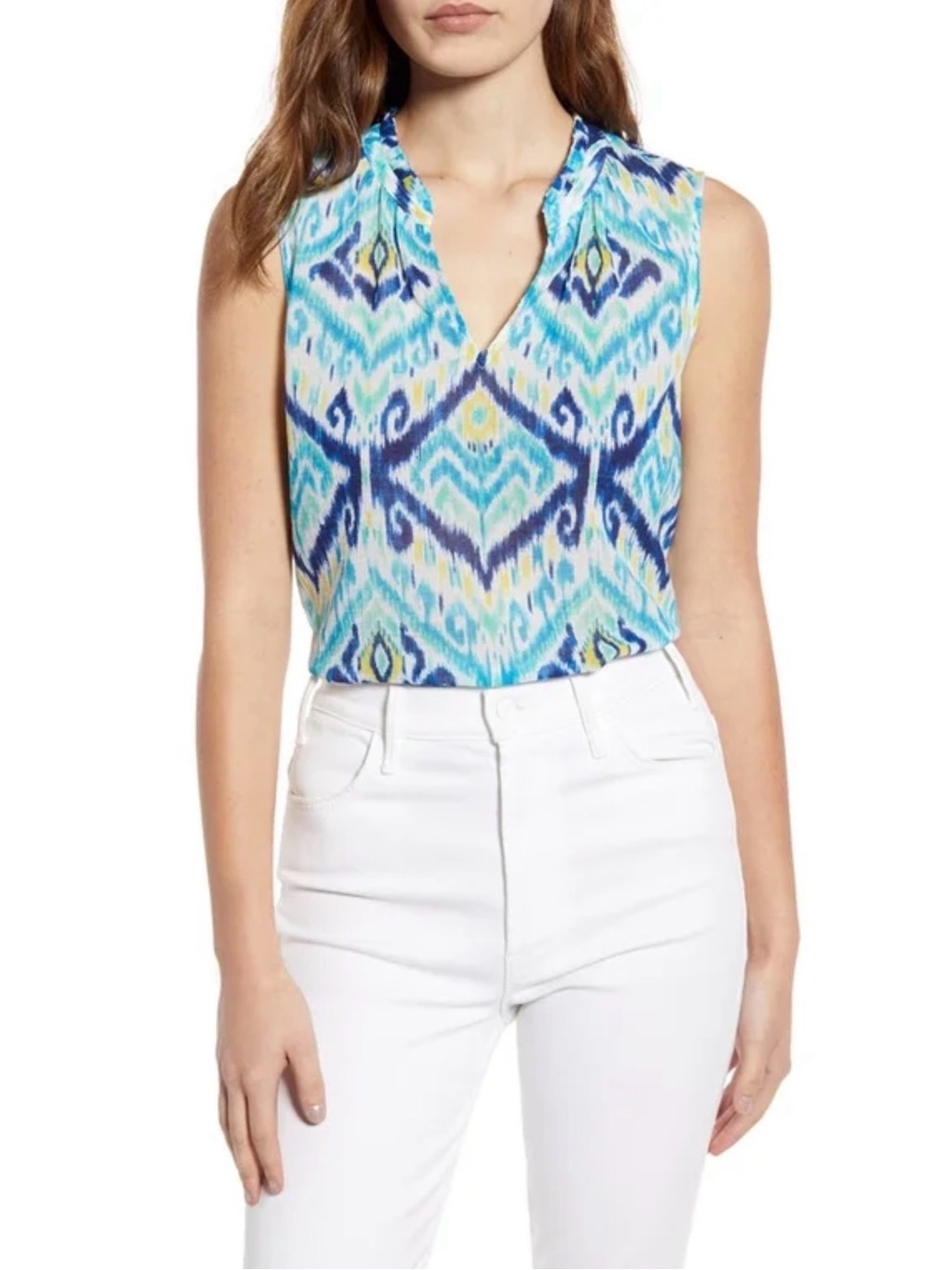 Tommy Bahama Blue Teal Ikat Sleeveless V-Neck top
